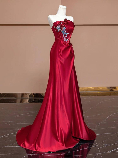 Modest Mermaid Strapless Red Satin Prom Dresses Party Dress Birthday Outfits Graduation Dress AU384