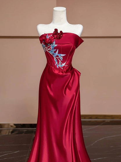 Modest Mermaid Strapless Red Satin Prom Dresses Party Dress Birthday Outfits Graduation Dress AU384