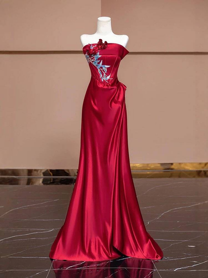 Modest Mermaid Strapless Red Satin Prom Dresses Party Dress Birthday Outfits Graduation Dress AU384