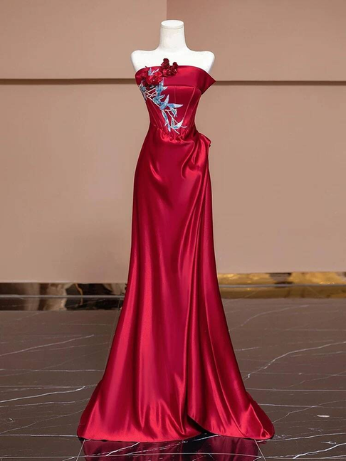 Modest Mermaid Strapless Red Satin Prom Dresses Party Dress Birthday Outfits Graduation Dress AU384