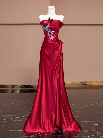 Modest Mermaid Strapless Red Satin Prom Dresses Party Dress Birthday Outfits Graduation Dress AU384