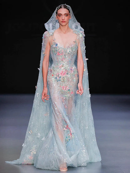 Gorgeous Mermaid Scoop Light Sky Blue Tulle With Lace Floral Beads Prom Dresses Formal Party Teens Evening Gowns AU384