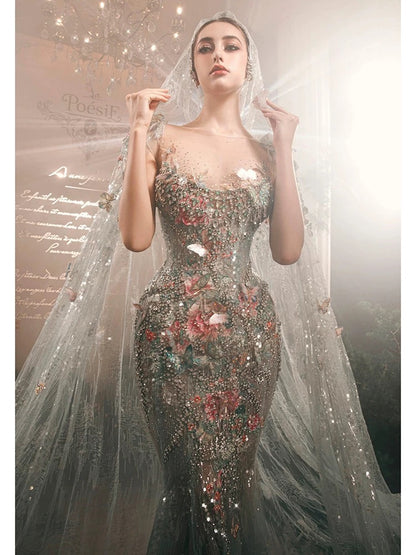 Gorgeous Mermaid Scoop Light Sky Blue Tulle With Lace Floral Beads Prom Dresses Formal Party Teens Evening Gowns AU384