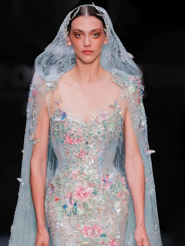 Gorgeous Mermaid Scoop Light Sky Blue Tulle With Lace Floral Beads Prom Dresses Formal Party Teens Evening Gowns AU384