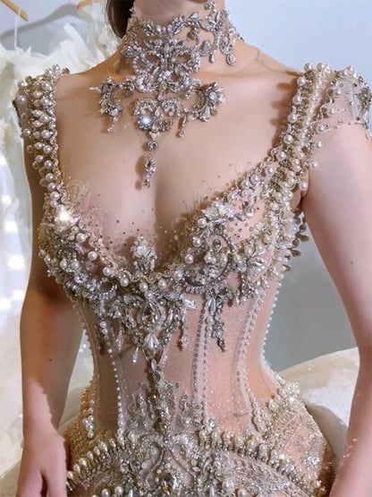 Sexy Mermaid V Neck Champagne Tulle With Beads Gem Long Summer Bride Dress Long Bride Dress Classy Wedding Dresses AU385