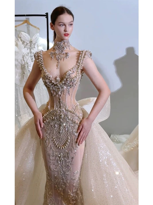 Sexy Mermaid V Neck Champagne Tulle With Beads Gem Long Summer Bride Dress Long Bride Dress Classy Wedding Dresses AU385
