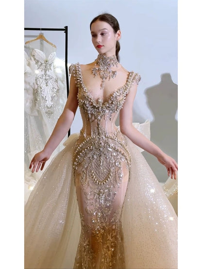 Sexy Mermaid V Neck Champagne Tulle With Beads Gem Long Summer Bride Dress Long Bride Dress Classy Wedding Dresses AU385