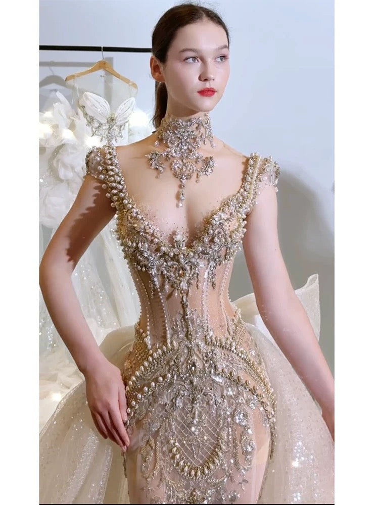 Sexy Mermaid V Neck Champagne Tulle With Beads Gem Long Summer Bride Dress Long Bride Dress Classy Wedding Dresses AU385
