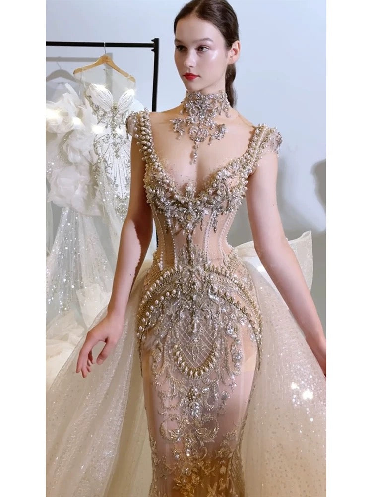 Sexy Mermaid V Neck Champagne Tulle With Beads Gem Long Summer Bride Dress Long Bride Dress Classy Wedding Dresses AU385