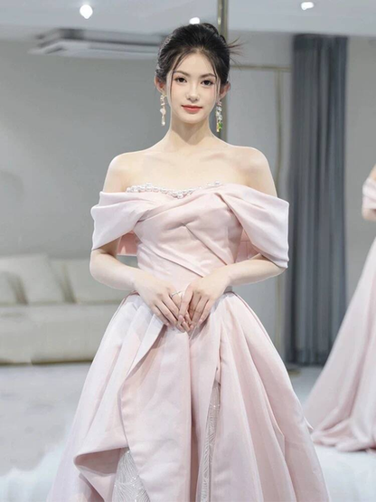 Modest Ball Gown Off The Shoulder Pink Sequin Long Prom Dress Inspiration Party Formal Gown Prom Dresses AU386
