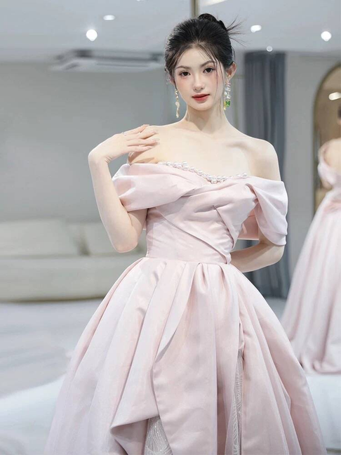 Modest Ball Gown Off The Shoulder Pink Sequin Long Prom Dress Inspiration Party Formal Gown Prom Dresses AU386