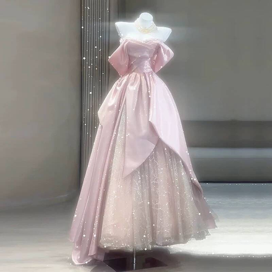 Modest Ball Gown Off The Shoulder Pink Sequin Long Prom Dress Inspiration Party Formal Gown Prom Dresses AU386