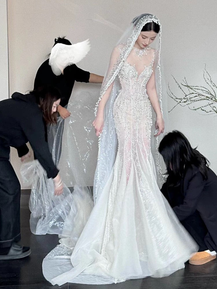 Sexy Mermaid Scoop Neck Tulle With Beads Gem Long Summer Bride Dress Long Bride Dress Classy White Wedding Dresses AU386