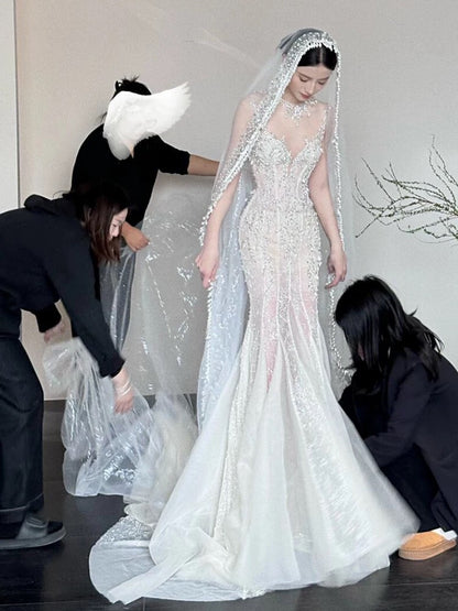 Sexy Mermaid Scoop Neck Tulle With Beads Gem Long Summer Bride Dress Long Bride Dress Classy White Wedding Dresses AU386