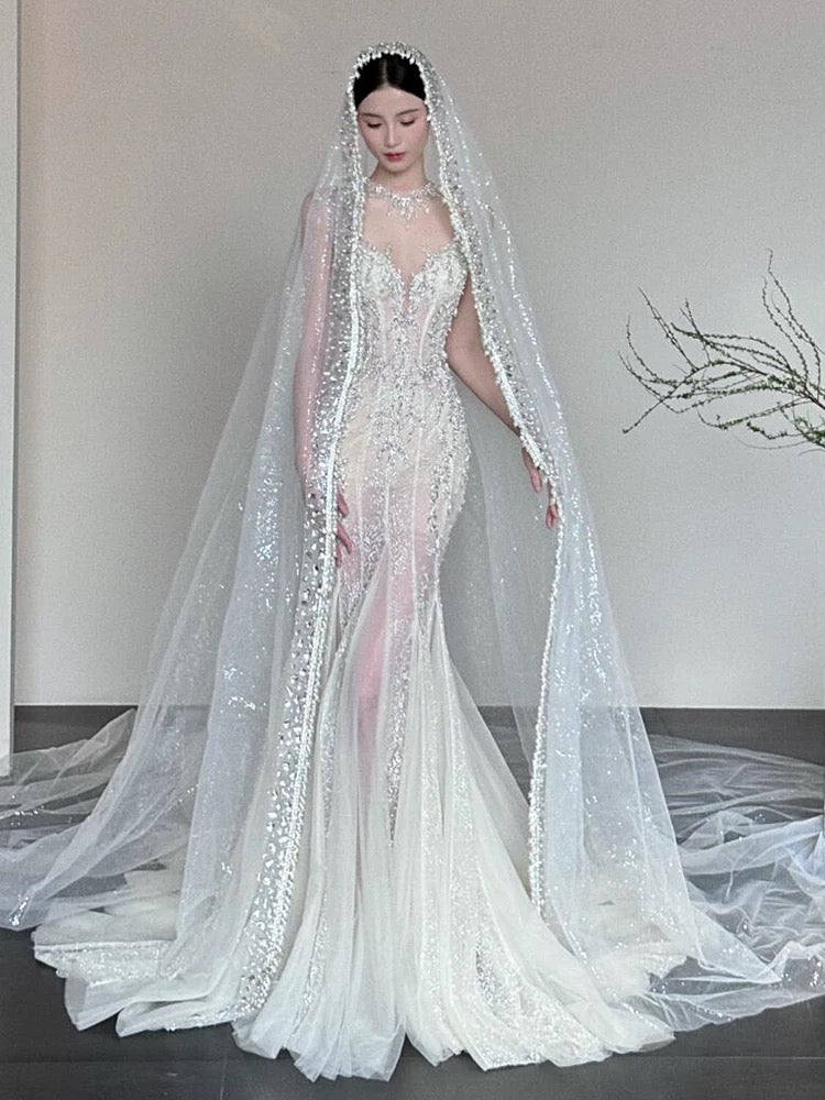 Sexy Mermaid Scoop Neck Tulle With Beads Gem Long Summer Bride Dress Long Bride Dress Classy White Wedding Dresses AU386