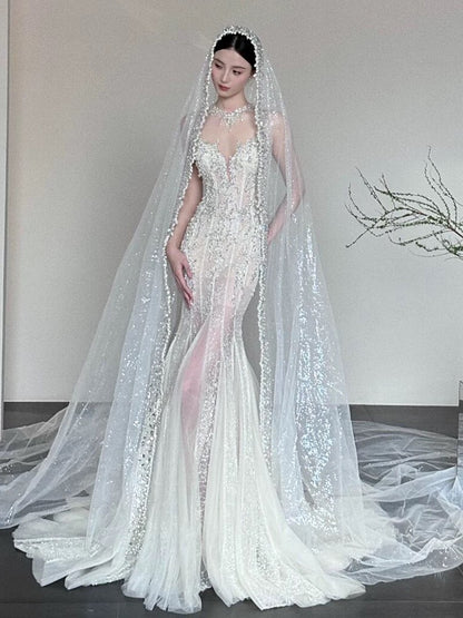 Sexy Mermaid Scoop Neck Tulle With Beads Gem Long Summer Bride Dress Long Bride Dress Classy White Wedding Dresses AU386