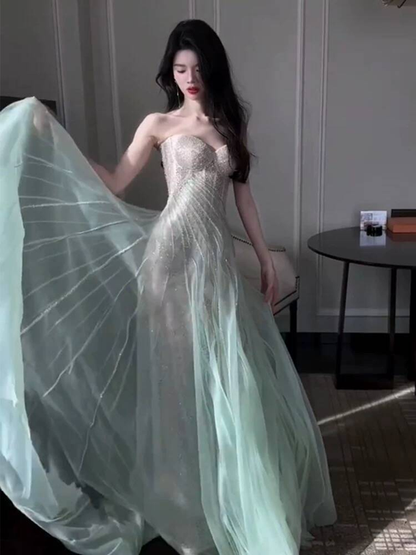 Beautiful Sheath Strapless Mint Green Sequin Prom Dresses Party Dress 17th Birthday Outfits Graduation Dress AU387