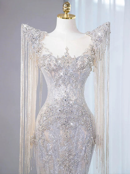 Sexy Mermaid Scoop Neck Tulle With Silver Beads Gem Long Summer Bride Dress Long Bride Dress Classy Wedding Dresses AU387
