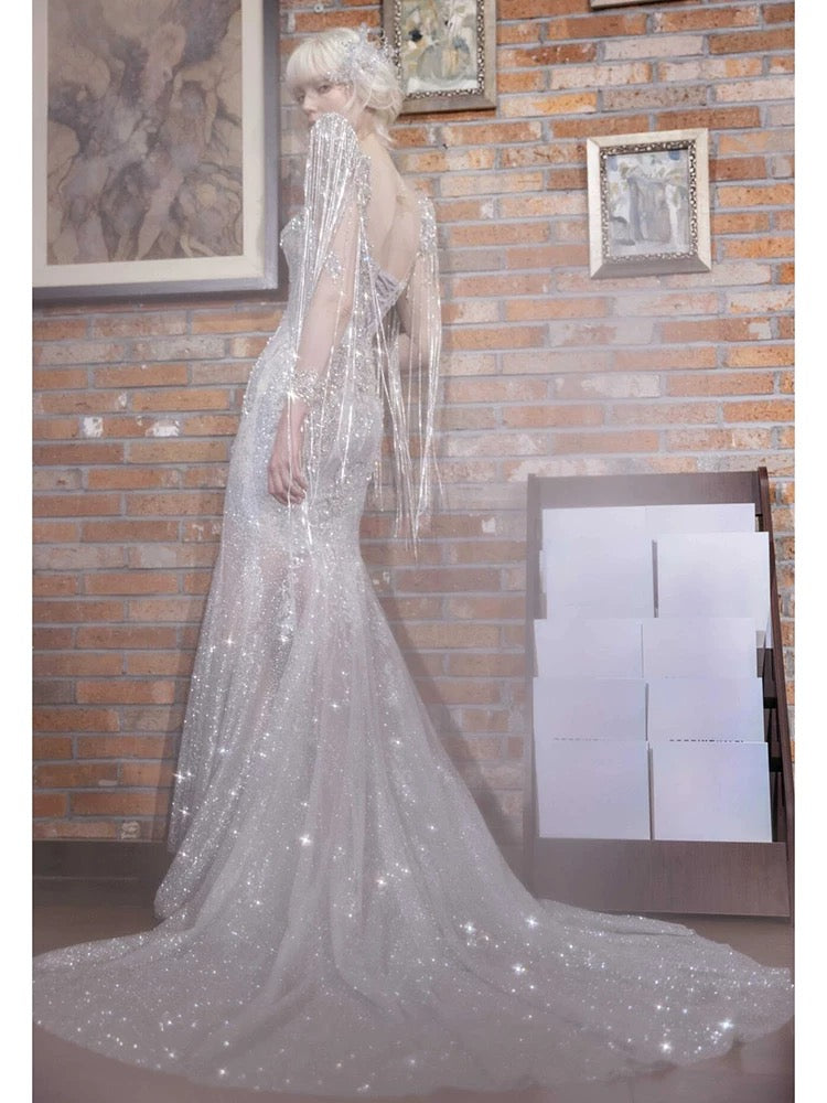Sexy Mermaid Scoop Neck Tulle With Silver Beads Gem Long Summer Bride Dress Long Bride Dress Classy Wedding Dresses AU387