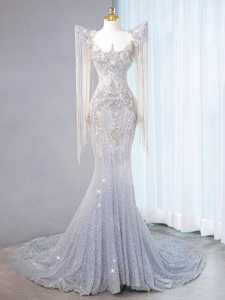 Sexy Mermaid Scoop Neck Tulle With Silver Beads Gem Long Summer Bride Dress Long Bride Dress Classy Wedding Dresses AU387