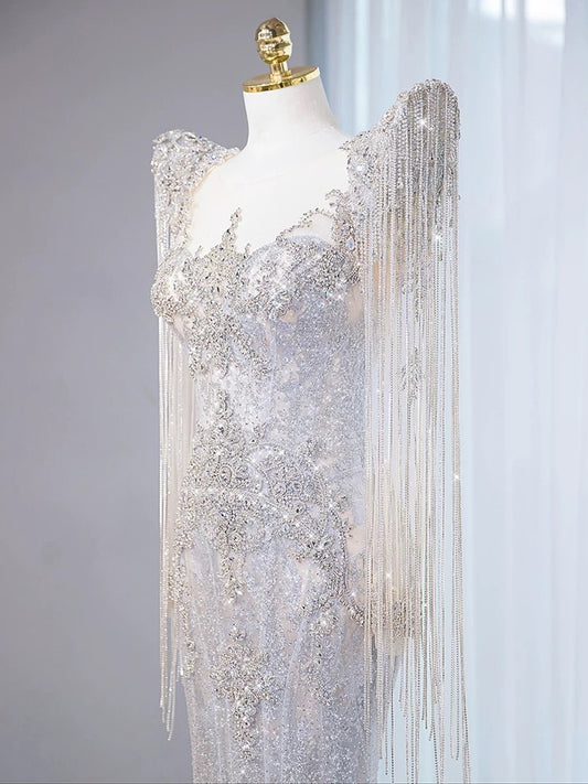 Sexy Mermaid Scoop Neck Tulle With Silver Beads Gem Long Summer Bride Dress Long Bride Dress Classy Wedding Dresses AU387