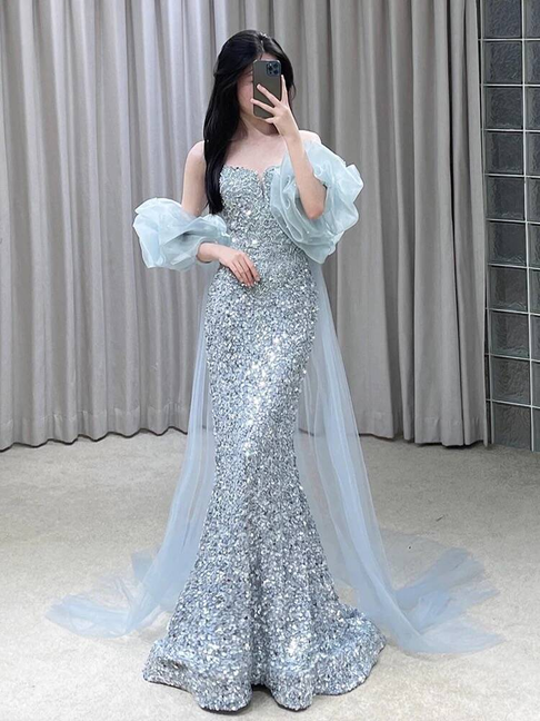 Beautiful Mermaid Sweetheart Light Sky Blue Sequin Prom Dresses Party Dress Birthday Outfits Graduation Dress AU388