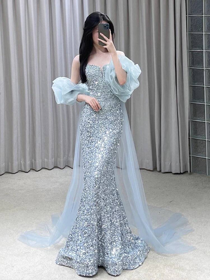 Beautiful Mermaid Sweetheart Light Sky Blue Sequin Prom Dresses Party Dress Birthday Outfits Graduation Dress AU388