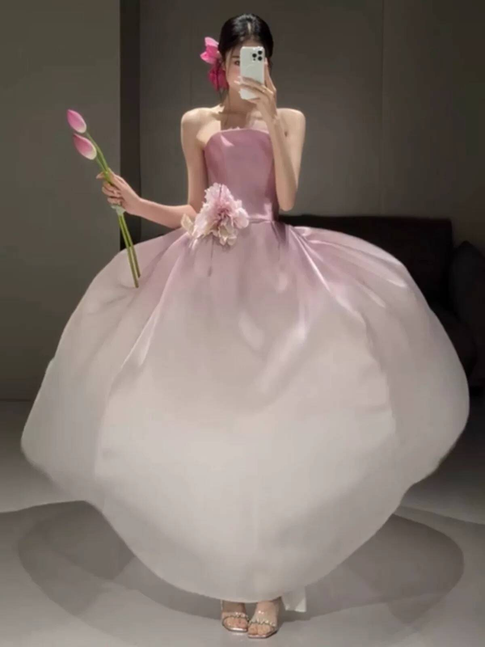 Modest Ball Gown Strapless Pink Satin Prom Dresses Party Dress Birthday Outfits Graduation Dress AU389
