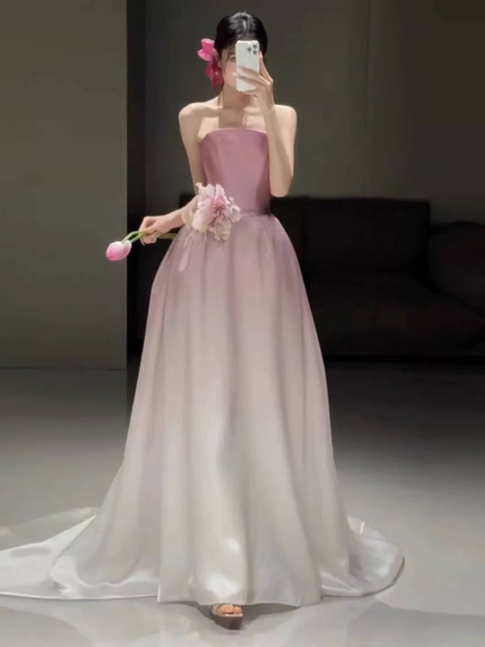 Modest Ball Gown Strapless Pink Satin Prom Dresses Party Dress Birthday Outfits Graduation Dress AU389