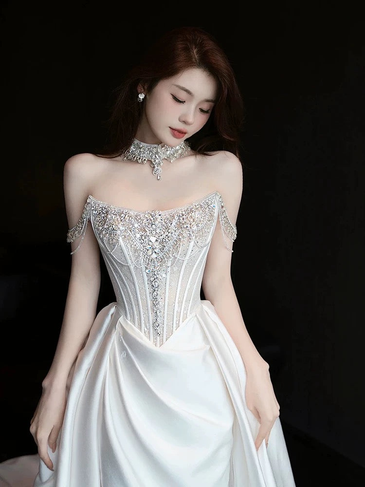 Sexy Mermaid Off The Shoulder White Satin Slit With Silver Beads Gem Long Bride Dress Long Bride Dress Classy Wedding Dresses AU389
