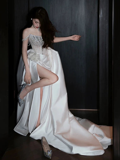 Sexy Mermaid Off The Shoulder White Satin Slit With Silver Beads Gem Long Bride Dress Long Bride Dress Classy Wedding Dresses AU389