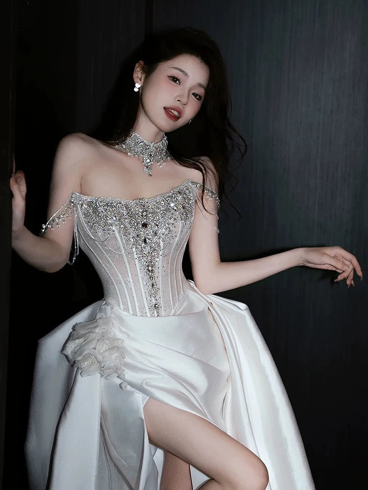 Sexy Mermaid Off The Shoulder White Satin Slit With Silver Beads Gem Long Bride Dress Long Bride Dress Classy Wedding Dresses AU389