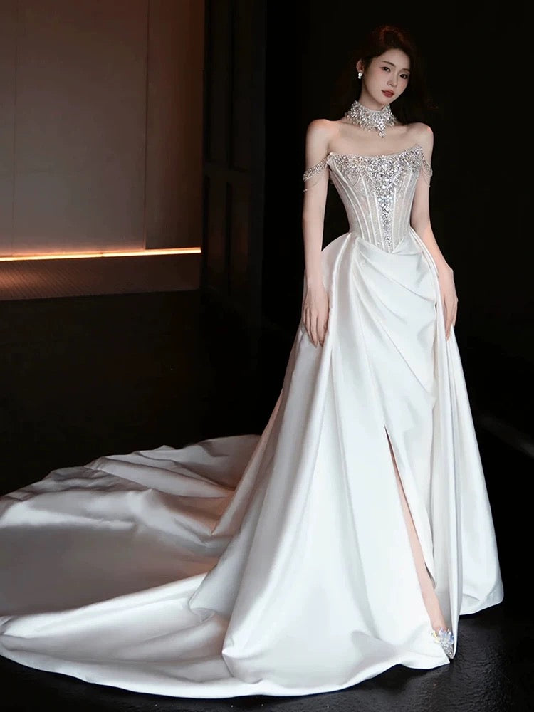 Sexy Mermaid Off The Shoulder White Satin Slit With Silver Beads Gem Long Bride Dress Long Bride Dress Classy Wedding Dresses AU389