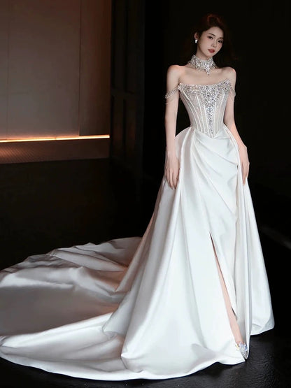 Sexy Mermaid Off The Shoulder White Satin Slit With Silver Beads Gem Long Bride Dress Long Bride Dress Classy Wedding Dresses AU389