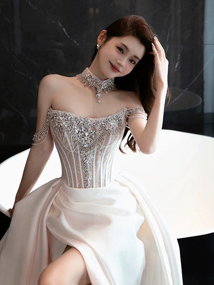 Sexy Mermaid Off The Shoulder White Satin Slit With Silver Beads Gem Long Bride Dress Long Bride Dress Classy Wedding Dresses AU389