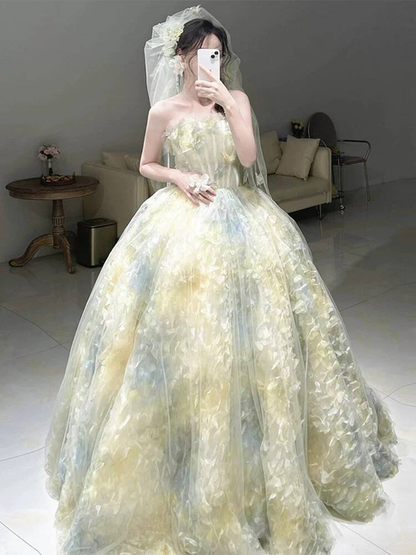 Cute Strapless Ball Gown Yellow Tulle Long Quinceanera Dress Quinceanera Dresses Sweet 15 16 Dress AU390