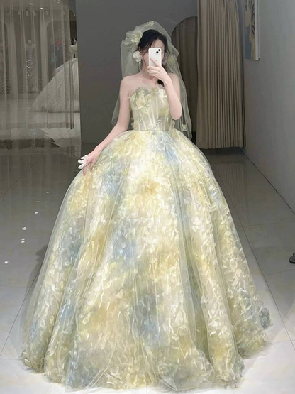 Cute Strapless Ball Gown Yellow Tulle Long Quinceanera Dress Quinceanera Dresses Sweet 15 16 Dress AU390