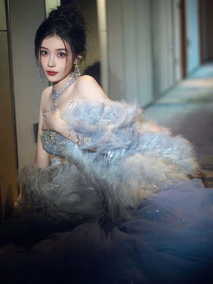 Gorgeous Mermaid Scoop Blue Tulle With Gem Beads Prom Dresses Formal Party Teens Evening Gowns AU390