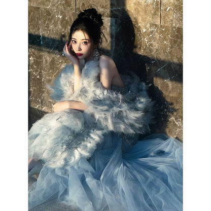 Gorgeous Mermaid Scoop Blue Tulle With Gem Beads Prom Dresses Formal Party Teens Evening Gowns AU390