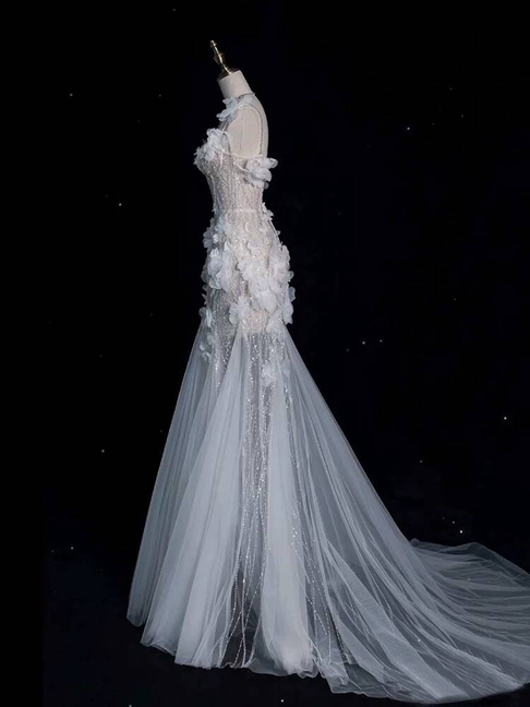 Modest Mermaid Spaghetti Straps Sequin White Wedding Dress Fairytale Autumn Flowers Wedding Dresses AU391