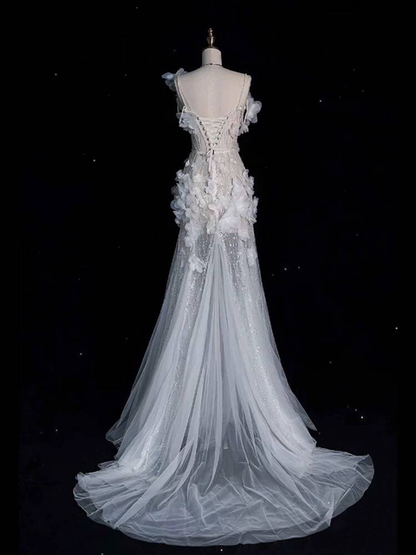 Modest Mermaid Spaghetti Straps Sequin White Wedding Dress Fairytale Autumn Flowers Wedding Dresses AU391