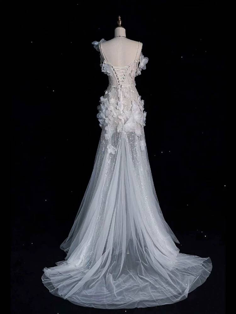 Modest Mermaid Spaghetti Straps Sequin White Wedding Dress Fairytale Autumn Flowers Wedding Dresses AU391