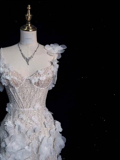 Modest Mermaid Spaghetti Straps Sequin White Wedding Dress Fairytale Autumn Flowers Wedding Dresses AU391