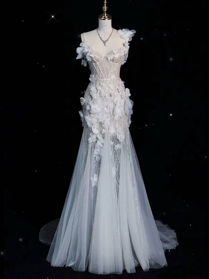 Modest Mermaid Spaghetti Straps Sequin White Wedding Dress Fairytale Autumn Flowers Wedding Dresses AU391