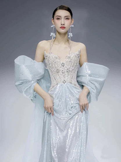 Gorgeous Mermaid Sweetheart Blue Sequins With Gem Beads Prom Dresses Formal Party Teens Evening Gowns AU391