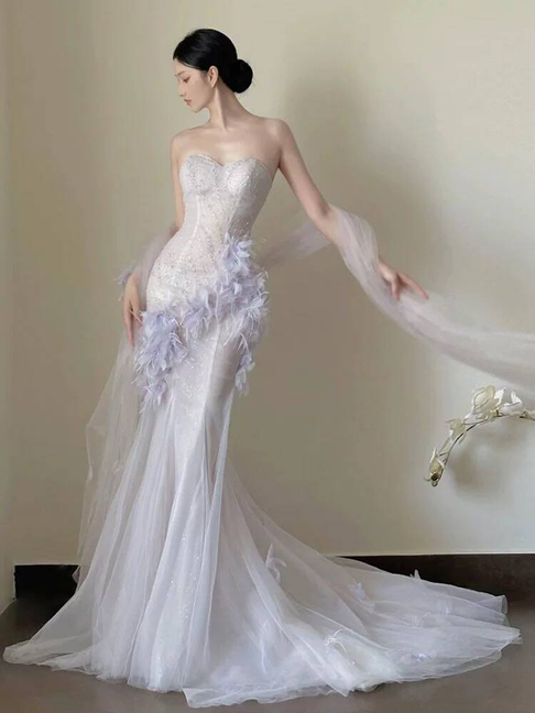 Beautiful Mermaid Sweetheart Lilac Tulle Prom Dresses Party Dress Birthday Outfits Graduation Dress AU392