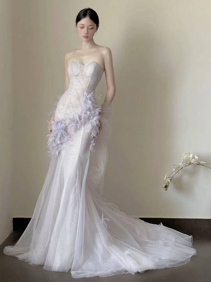 Beautiful Mermaid Sweetheart Lilac Tulle Prom Dresses Party Dress Birthday Outfits Graduation Dress AU392