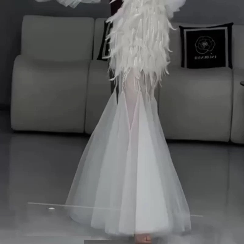 Vintage Mermaid Sweetheart White Tulle Beaded Feathers Long Prom Dresses Formal Party Teens Evening Gowns AU392