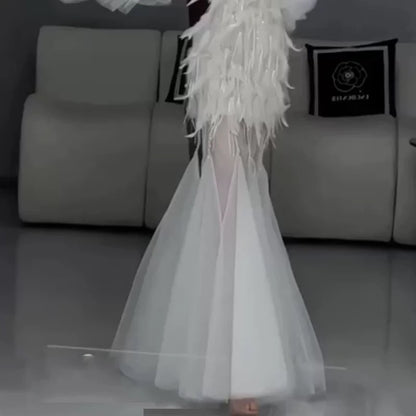 Vintage Mermaid Sweetheart White Tulle Beaded Feathers Long Prom Dresses Formal Party Teens Evening Gowns AU392