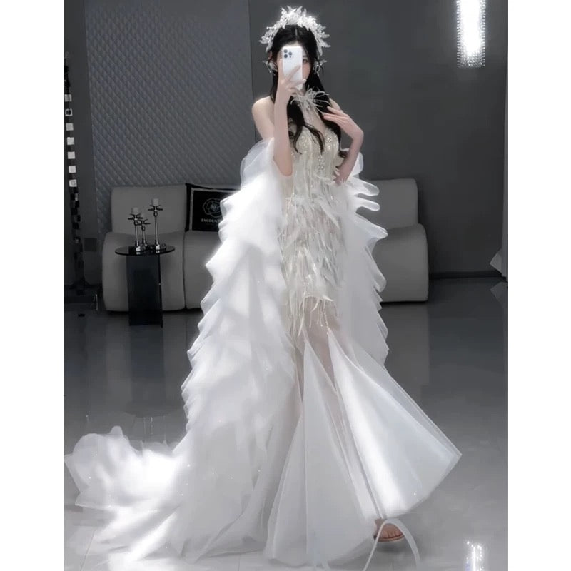 Vintage Mermaid Sweetheart White Tulle Beaded Feathers Long Prom Dresses Formal Party Teens Evening Gowns AU392